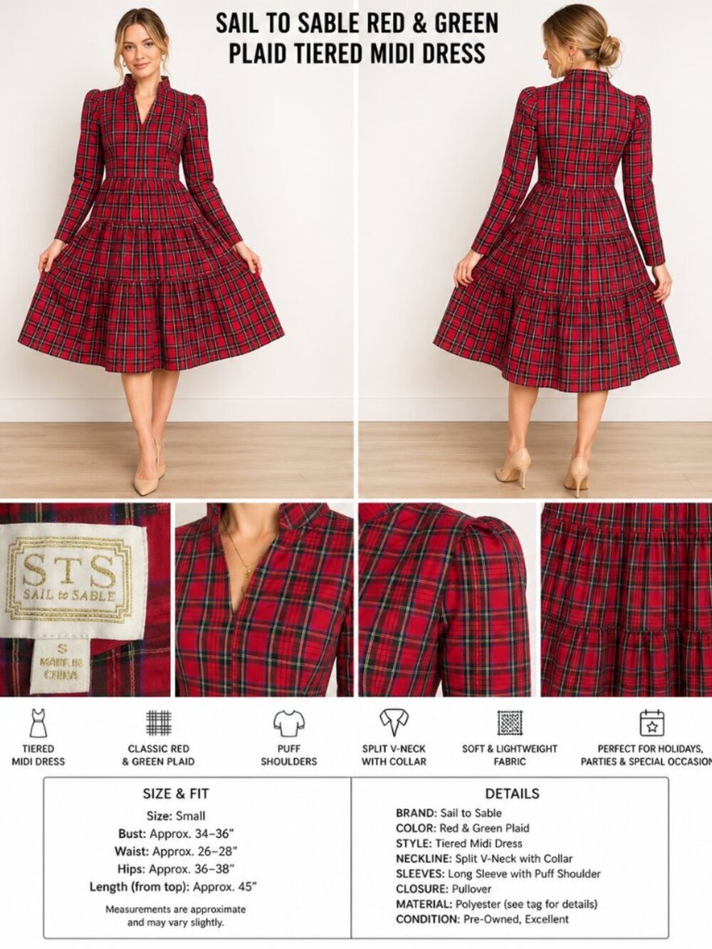 Sail to Sable Plaid Tiered Midi Dress Red Green S